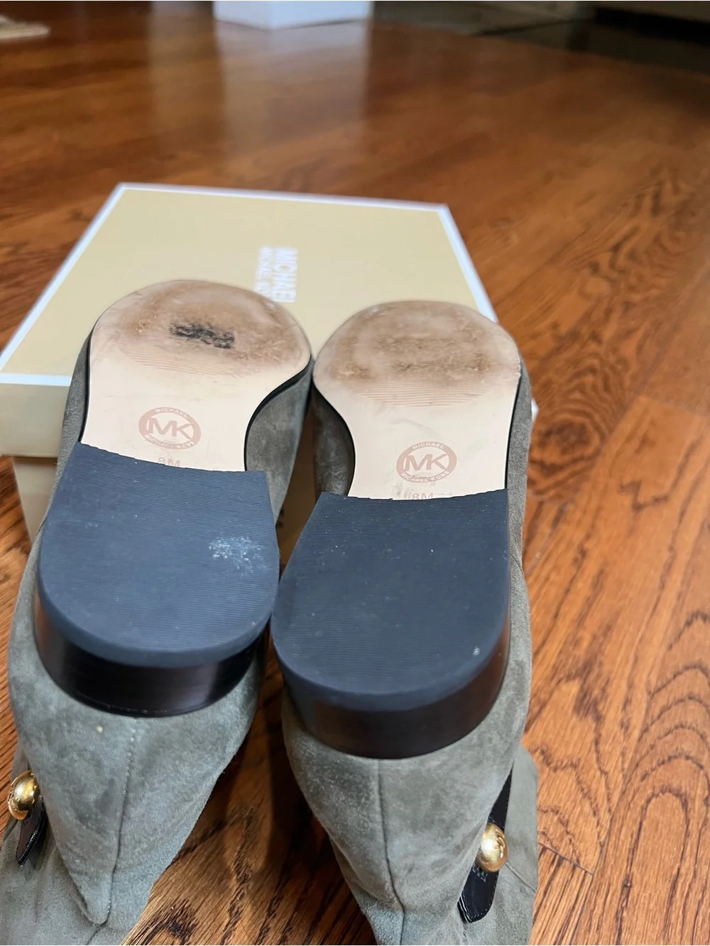 Michael Kors Olive Suede Ankle Boots with Black Straps & Gold Buttons